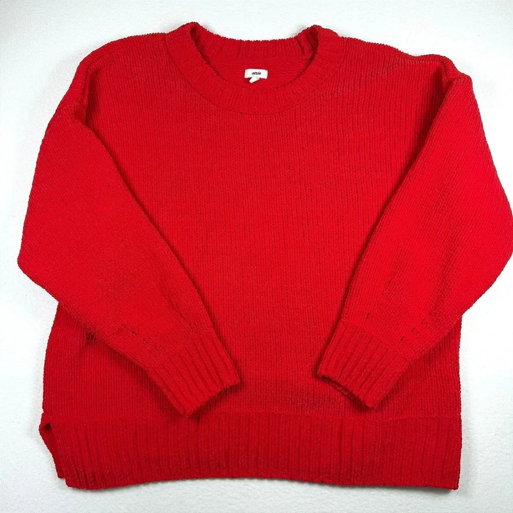 Aerie Red Chenille Crew Neck Oversized Knit Sweater Women Large L Side Slit Cozy